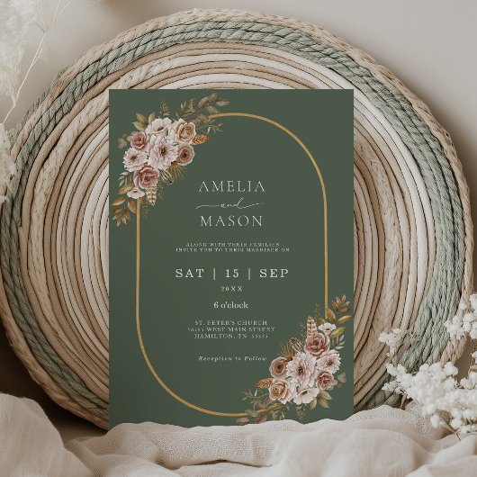 Invitation Boho Floral Sage Vert et Mariage or