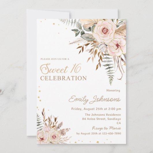 Invitation Boho Floral Script Gold Parties scintillant Sweet  (Devant)
