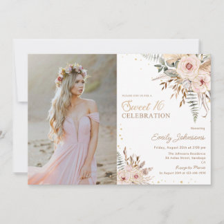 Invitation Boho Floral Script Gold Parties scintillant Sweet