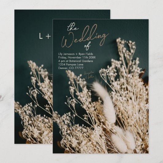 Invitation Boho Floral séché vert forestier Mariage rustique (Devant / Derrière)