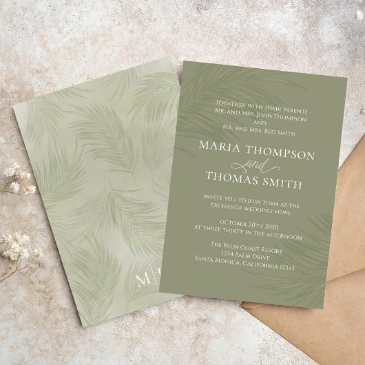 Invitation Boho Floral Simple Aquarelle Vert Palm Feuilles