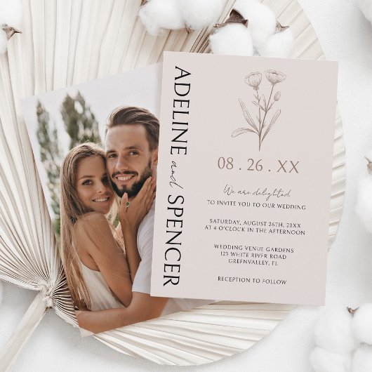 Invitation Boho Floral Sketch Modern Photo Mariage