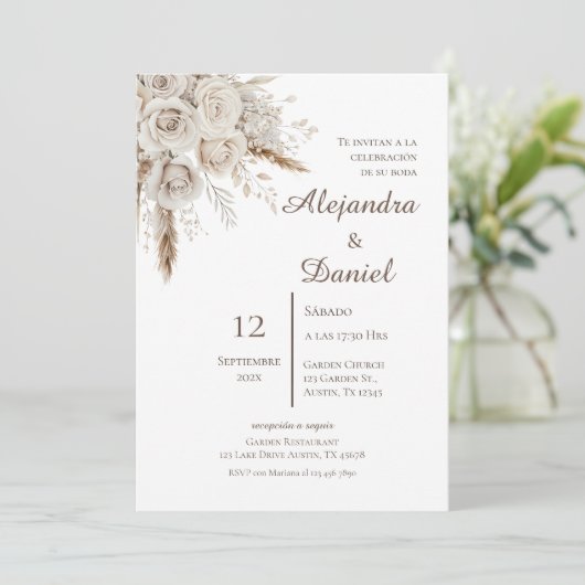 Invitation Boho Floral Spanish Wedding (Debout devant)