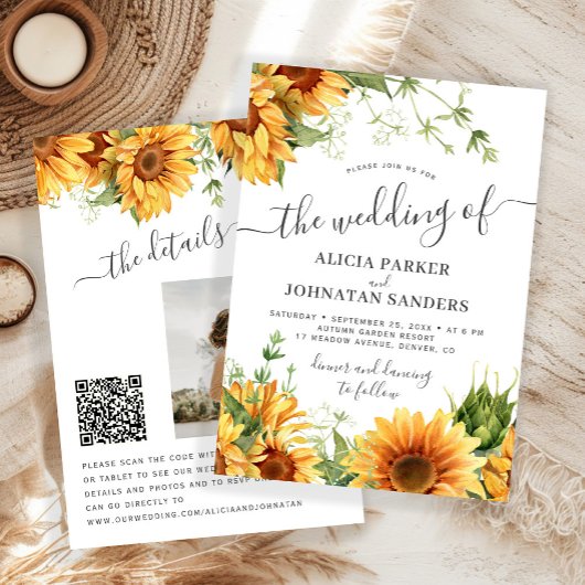 Invitation Boho floral sunflower black and white wedding