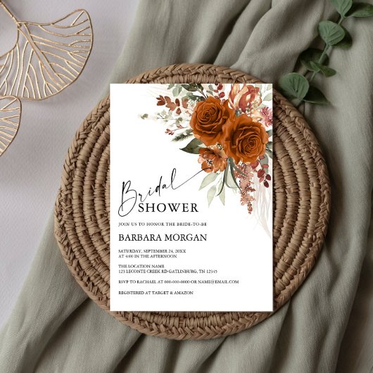 Invitation Boho Floral Terracotta Brûlé Orange Fête des marié