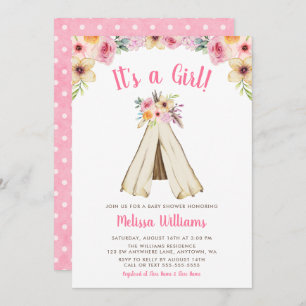 Invitation Boho Floral Tribal Teepee Girl Baby shower Invitat