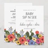 Invitation Boho Floral Twin Baby Sip Et Voir (Devant / Derrière)