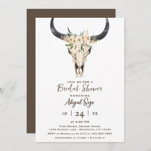 Invitation Boho Floral Vache Crâne blanc Brown Fête des marié