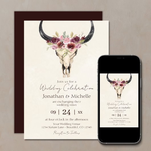 Invitation Boho Floral Vache Crâne Bourgogne et Mariage de cr