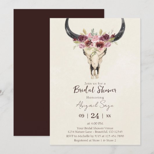 Invitation Boho Floral Vache Crâne Bourgogne Fête des mariées (Devant / Derrière)