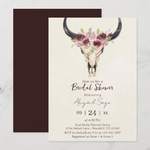 Invitation Boho Floral Vache Crâne Bourgogne Fête des mariées