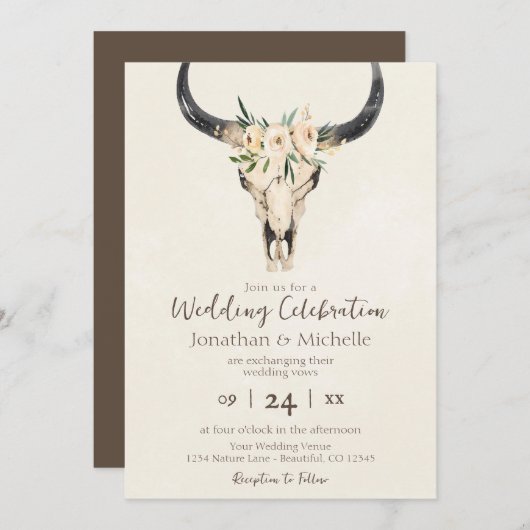 Invitation Boho Floral Vache Crâne Brown et Mariage de crème (Devant / Derrière)