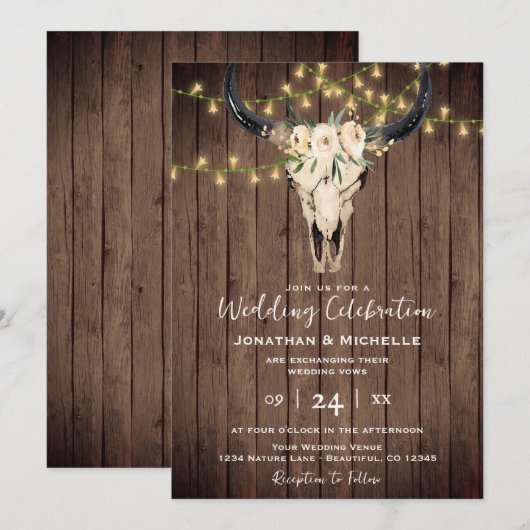 Invitation Boho Floral Vache crâne et lumières sur le Mariage (Devant / Derrière)