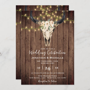 Invitation Boho Floral Vache crâne sur bois tout en un Mariag