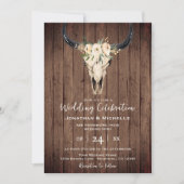 Invitation Boho Floral Vache crâne sur Mariage de bois rustiq (Devant)