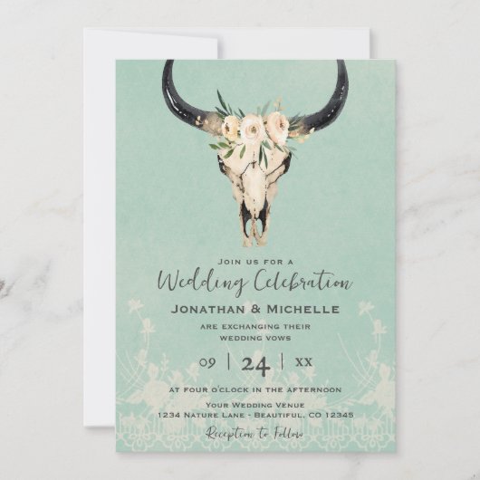 Invitation Boho Floral Vache crâne sur Mariage Turquoise (Devant)