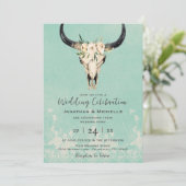 Invitation Boho Floral Vache crâne sur Mariage Turquoise (Debout devant)