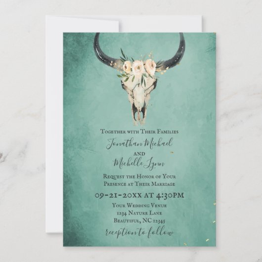 Invitation Boho Floral Vache crâne sur Mariage Turquoise (Devant)