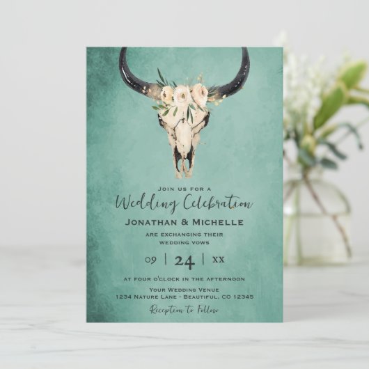 Invitation Boho Floral Vache Crâne Turquoise tout en un Maria (Debout devant)
