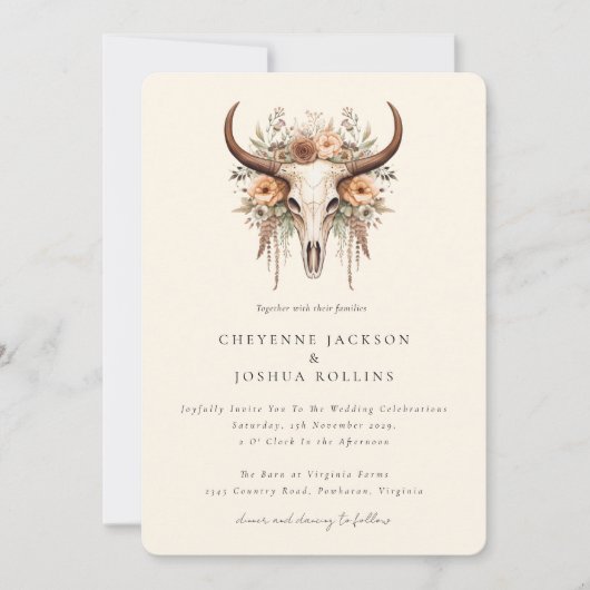 Invitation Boho Floral Vache Crâne Western Mariage (Devant)