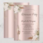 Invitation Boho Floral, Verre de Champagne, Retraite d'or Ros (Devant / Derrière)