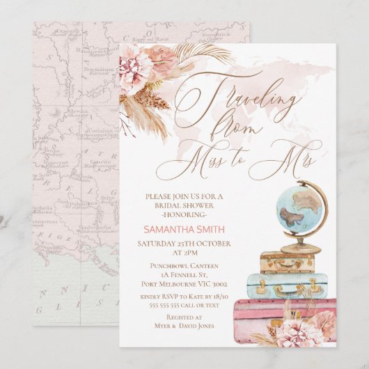 Invitation Boho Floral Voyager Mlle à Mme Fête des mariées (Devant / Derrière)