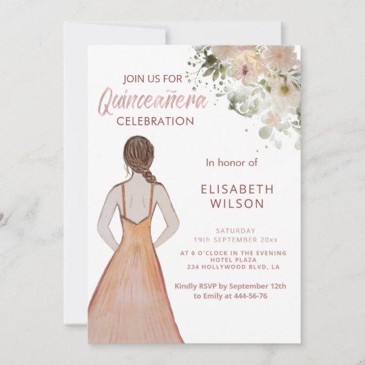 Invitation Boho Floral watercolor fille en robe Quinceañera (Devant)