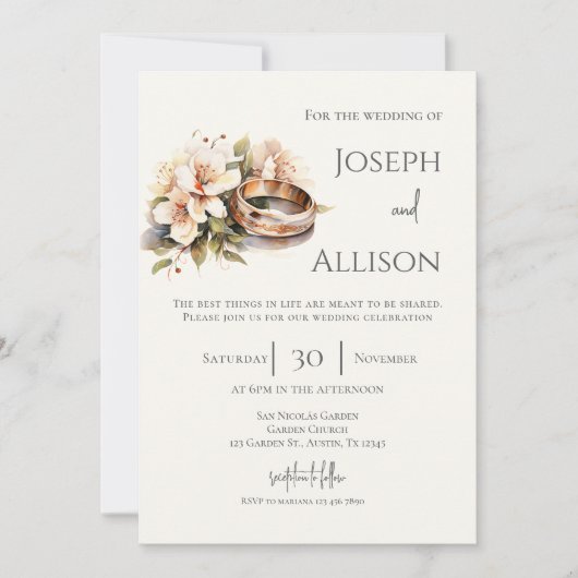 Invitation Boho floral wedding with rings (Devant)