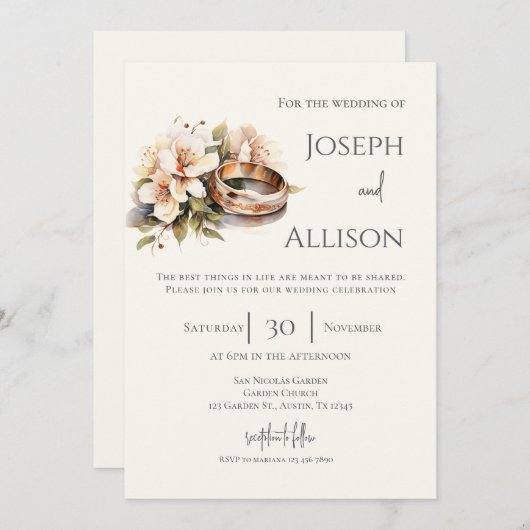 Invitation Boho floral wedding with rings (Devant / Derrière)