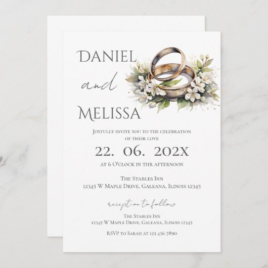 Invitation Boho Floral with ring Wedding (Devant / Derrière)