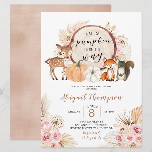 Invitation Boho Floral Woodland Baby shower Citrouille (Devant / Derrière)
