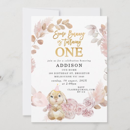 Invitation Boho Floral Wreath Un lapin 1er anniversaire (Devant)