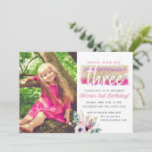 Invitation Boho Floral Young Wild and Three Birday Photo (Debout devant)