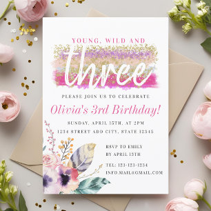 Invitation Boho Floral Young Wild et Trois Anniversaire de Fi
