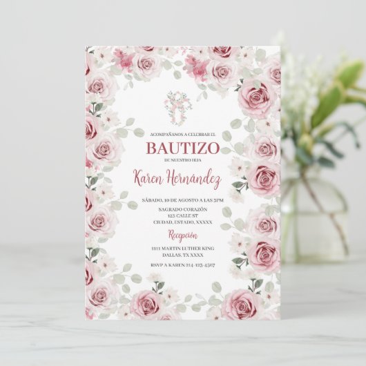 Invitation Boho Florale Baptême Espagnol (Debout devant)