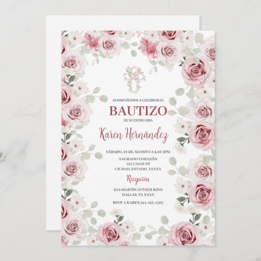 Invitation Boho Florale Baptême Espagnol (Devant / Derrière)