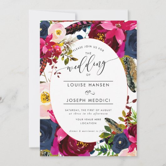 Invitation Boho Florals Burgundy Navy Mariage aquarelle (Devant)