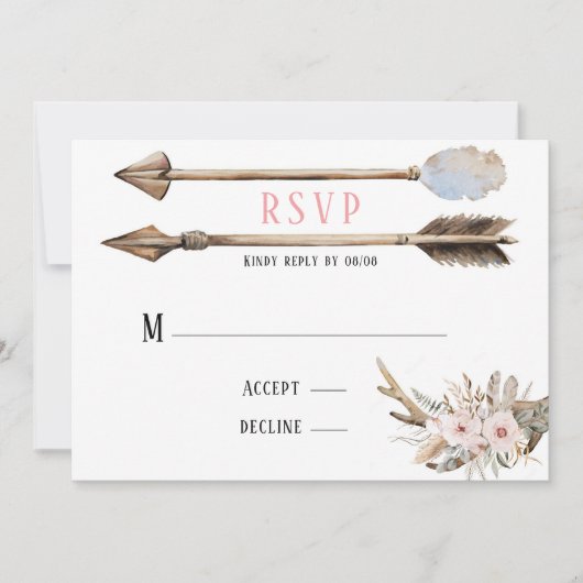 Invitation Boho Florals & Deer Antlers Flèches Mariage RSVP (Devant)