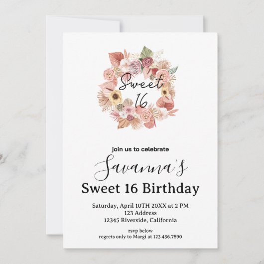 Invitation Boho Florals Personalized Sweet 16 Birthday (Devant)