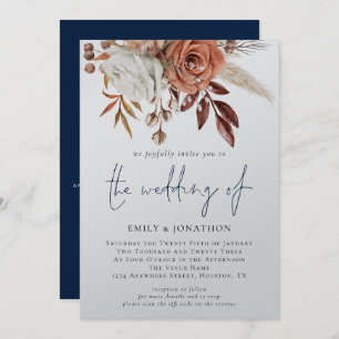 Invitation Boho Florals QR Code Marine Blue Winter Wedding