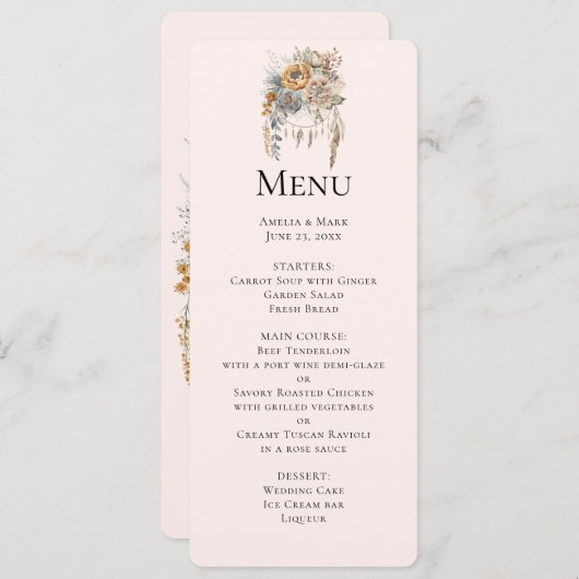 Invitation Boho Flowers and Dreamcatcher - Menu Mariage (Devant / Derrière)