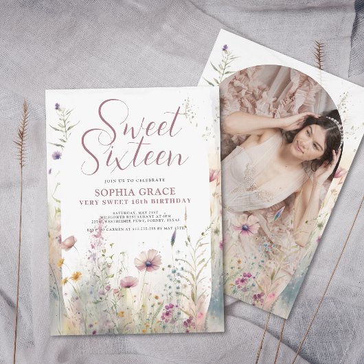 Invitation Boho Flowers & Arch Photo Sweet 16 Anniversaire