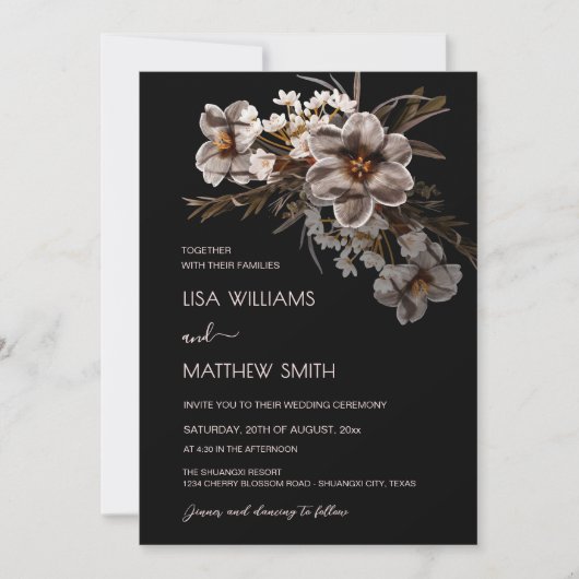 Invitation Boho Flowers Black Background (Devant)