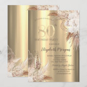 Invitation Boho Flowers,Champagne Glass Gold 80th Birthday (Devant / Derrière)