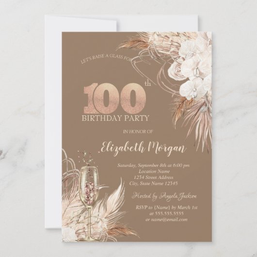 Invitation Boho Flowers,Champagne Glass,Terracotta 100th (Devant)
