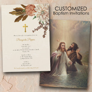 Invitation Boho Flowers Christening Christian Cross Baptism
