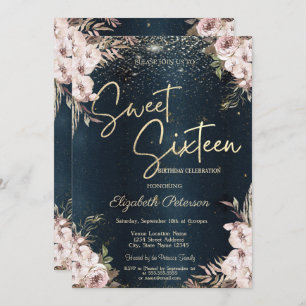 Invitation Boho Flowers Confetti Bleu foncé Sweet 16