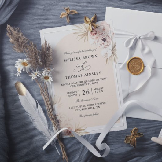 Invitation Boho Flowers Elegant Modern Budget QR Code Wedding