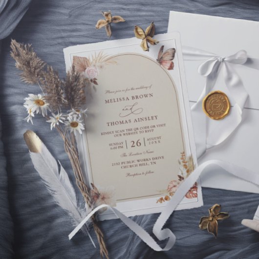 Invitation Boho Flowers Elegant Modern Budget QR Code Wedding