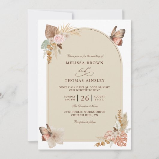 Invitation Boho Flowers Elegant Modern Budget QR Code Wedding (Devant)